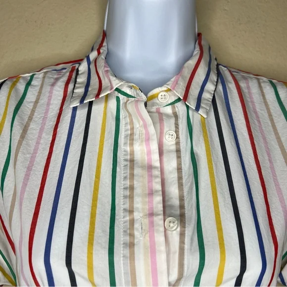 J CREW Button-Front Tie-Waist Top in Rainbow Mini Stripe Poplin - L6710 - Sz XS - Picture 5 of 11